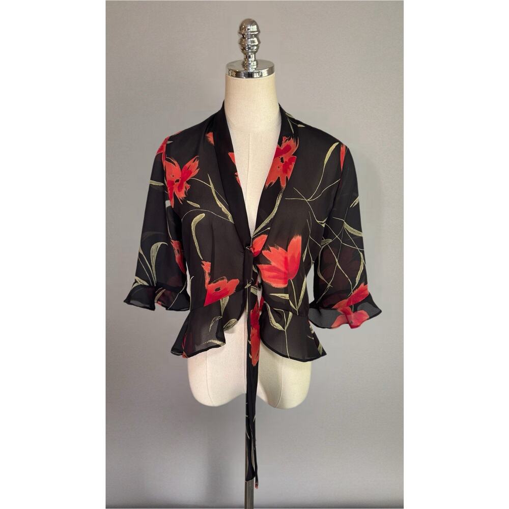 1990s Cropped Ruffle Shear Black Red Rose Top Moody Shrug Blouse S/M Chiffon